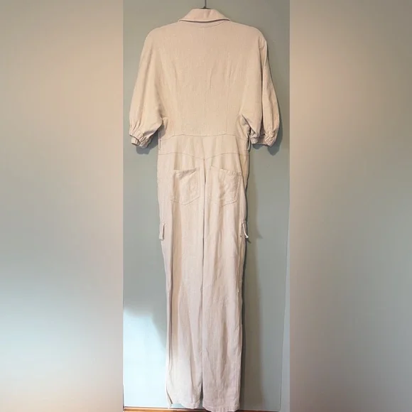 Divine‎ Heritage Princess Cotton Linen Cargo Puff Sleeve Jumpsuit Tan Size Small - Picture 8 of 11